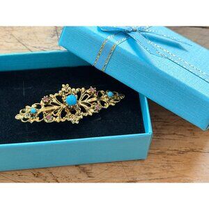 Vintage Gold-Tone Gerrys Brooch With Turquoise & Pink Rhinestones In Decorative